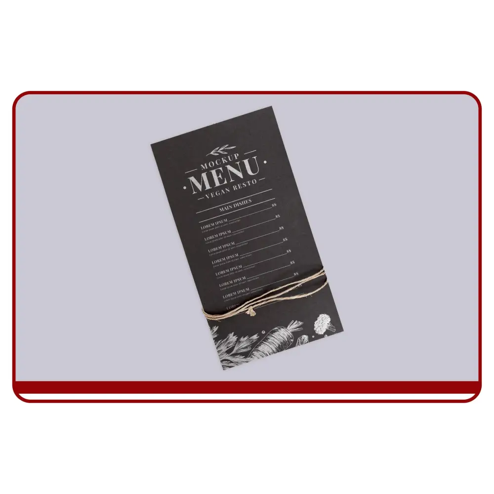 Black menu mockup with white text on a gray background