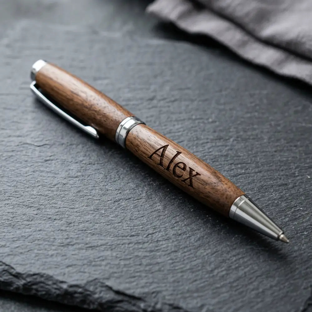 Wooden pen with silver accents on a dark surface, engraved with 'Alex'.