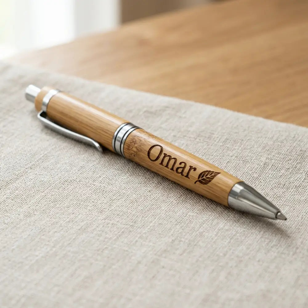 Wooden pen with 'Omar' engraved on a textured surface