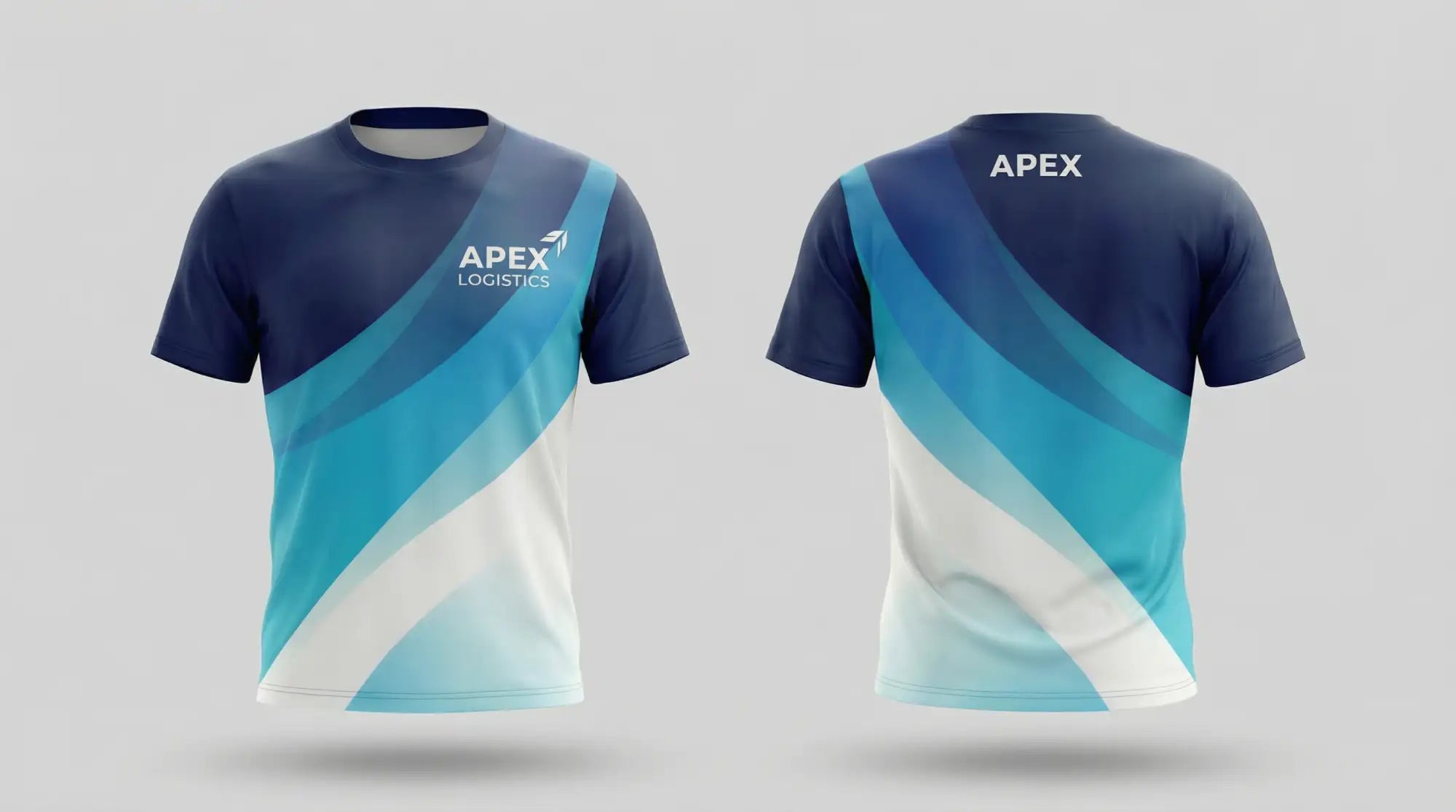 Navy blue and teal gradient short-sleeve t-shirt with ’apex logistics’ branding on the front.