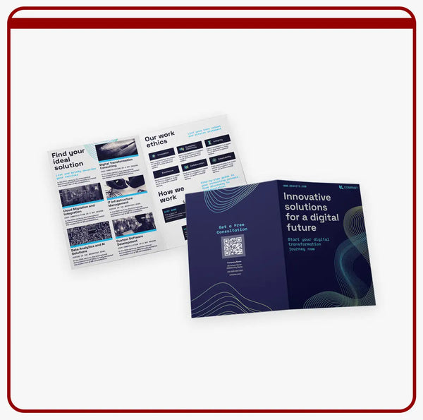 Navy blue tri-fold brochure with white and light blue wave patterns and text promoting digital transformation services