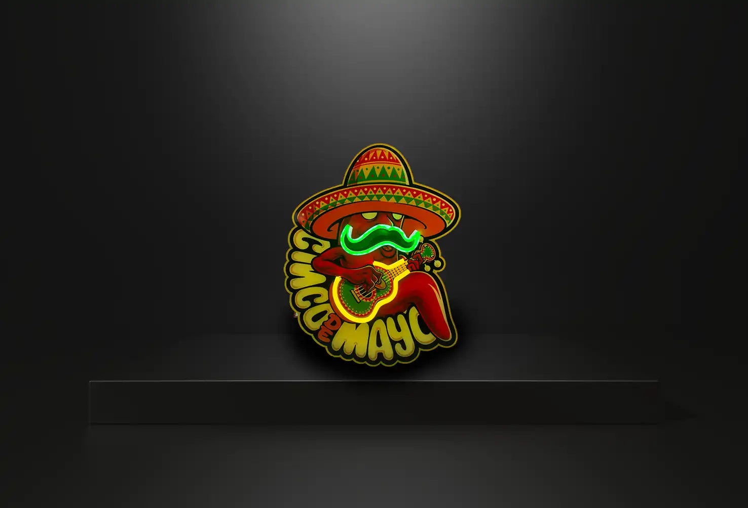 Neon-style logo featuring a chili pepper wearing a sombrero with ’Taco Mahal’ text.