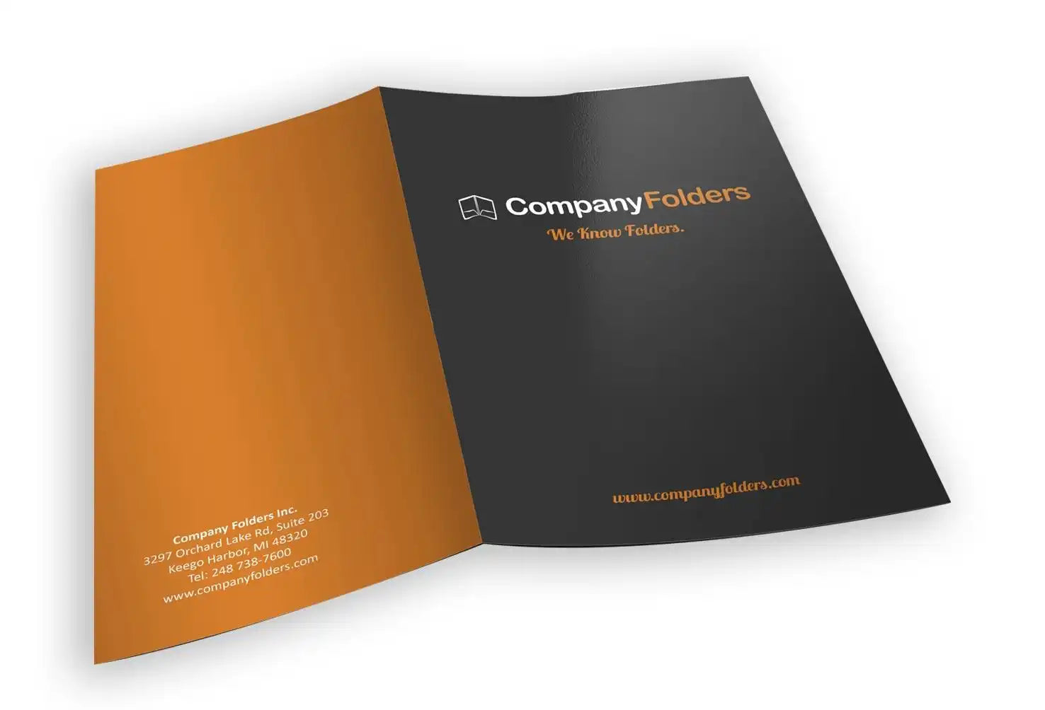 Orange and black presentation folder with ’Company Folders’ branding.