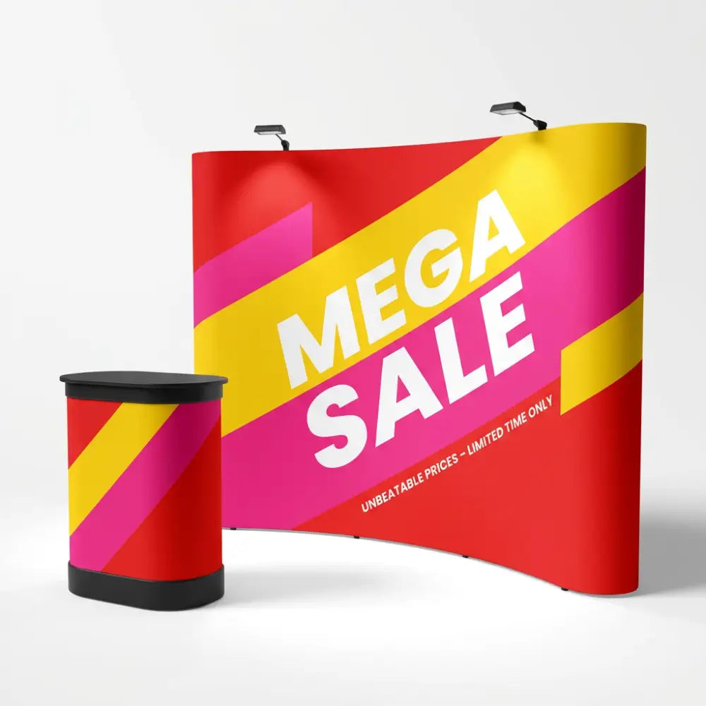 Promotional display with 'Mega Sale' text and colorful design on a white background