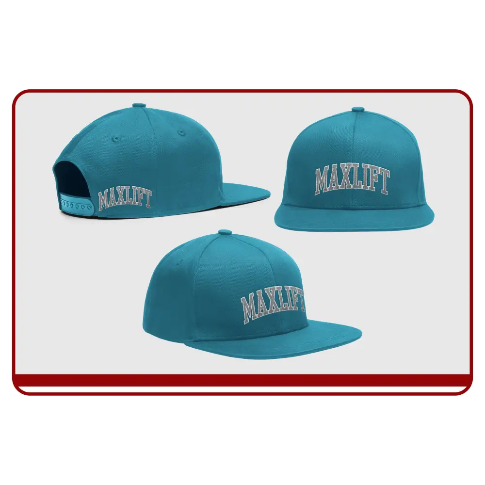 Three turquoise caps with 'MAXLIFT' branding on a white background