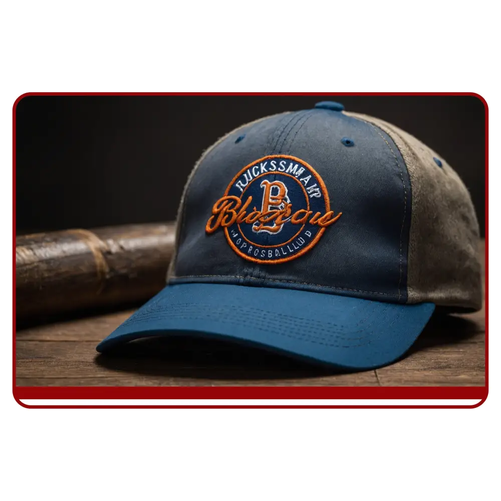 Blue and brown baseball cap with logo on a wooden surface