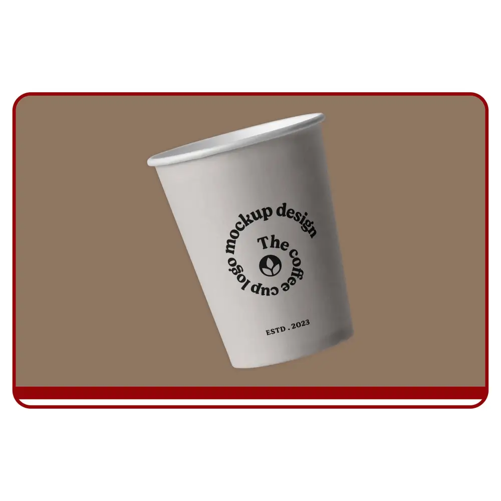 White paper cup with black text on a brown background