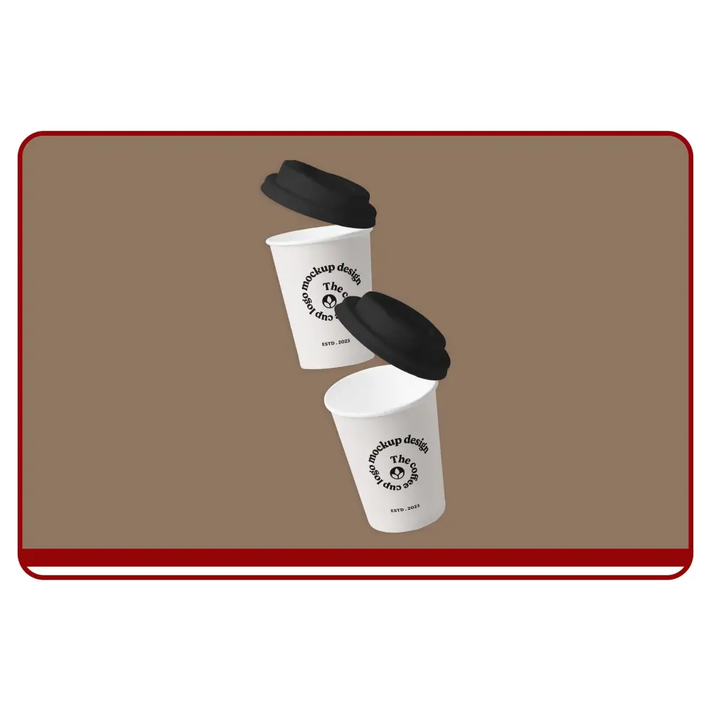 Two white disposable cups with black lids on a brown background