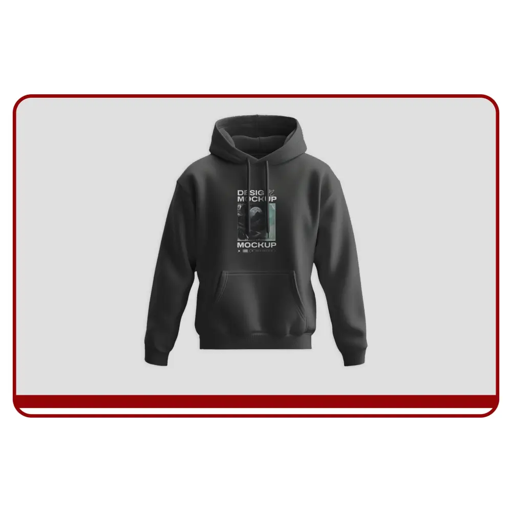 Black hoodie with design mockup text on a light gray background