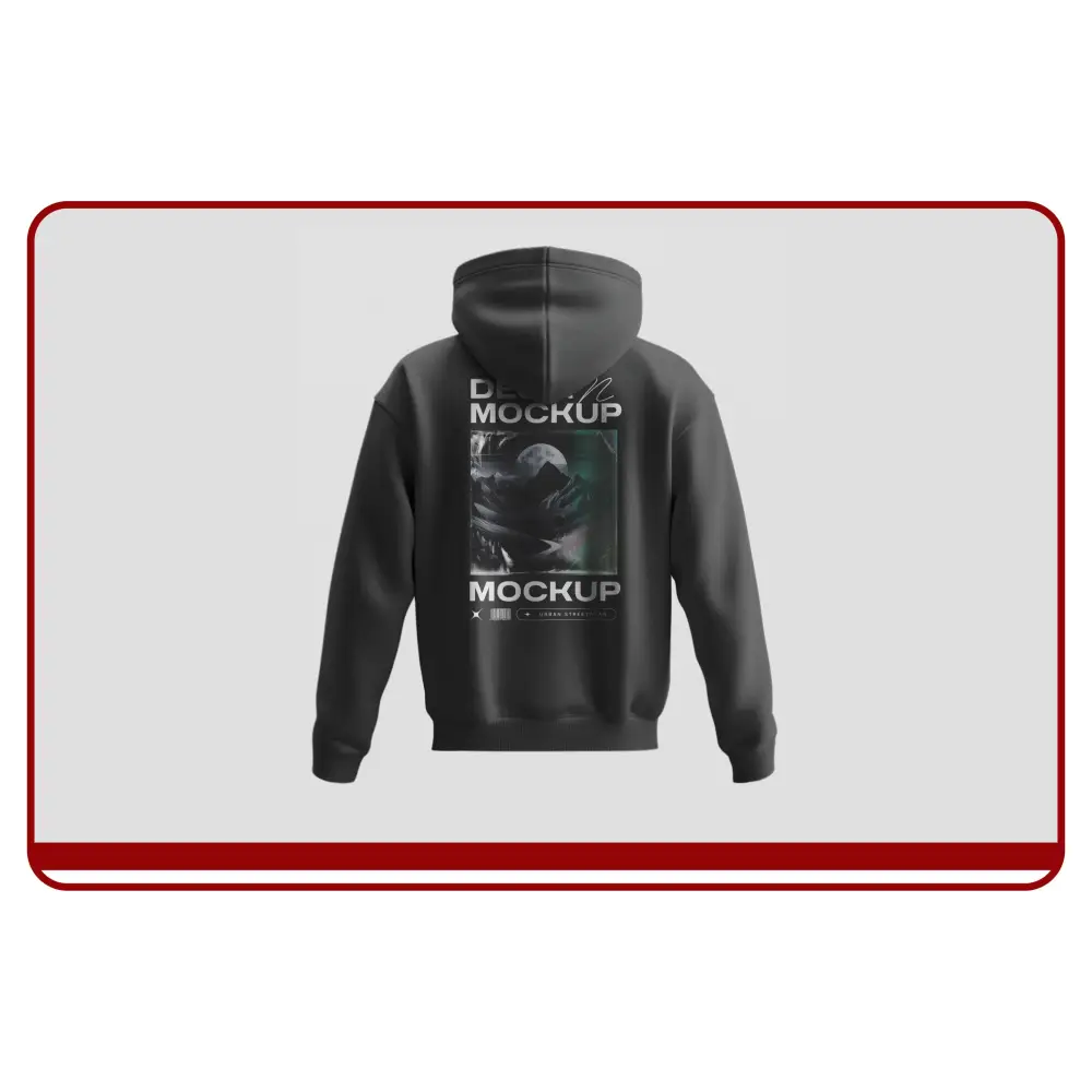 Black hoodie with graphic design on the back against a light gray background