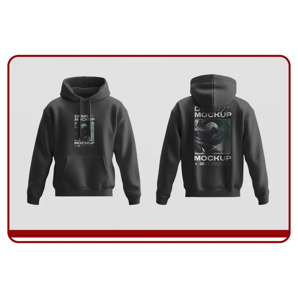 Black hoodie with front and back views on a light gray background