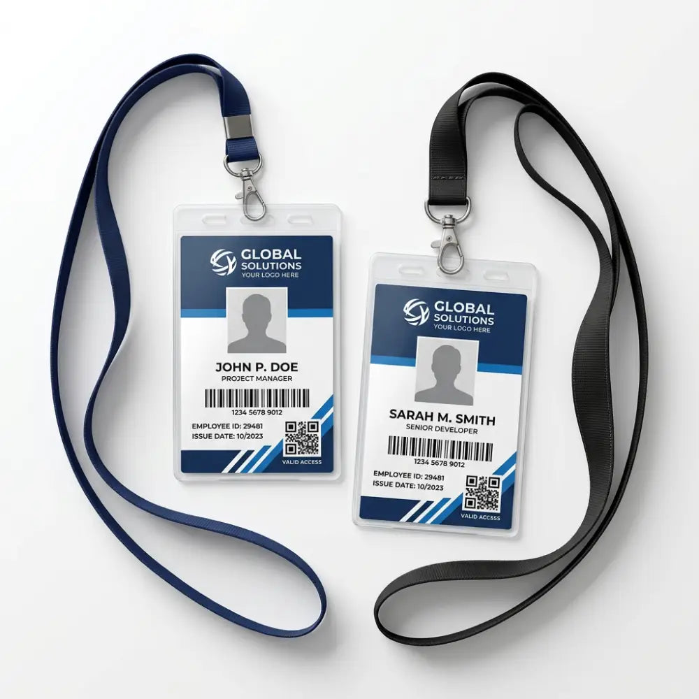 Two employee ID badges with lanyards on a white background
