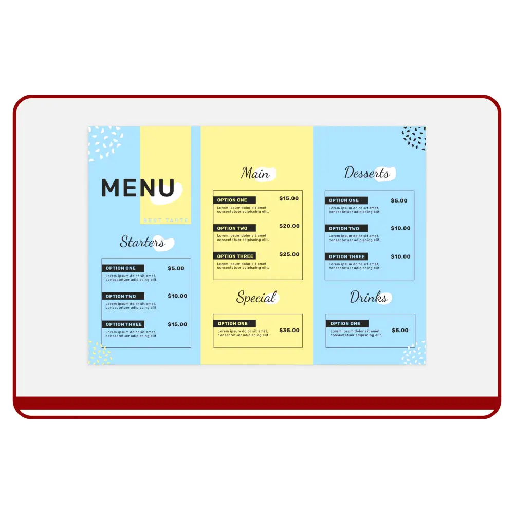 Colorful menu with different sections on a white background