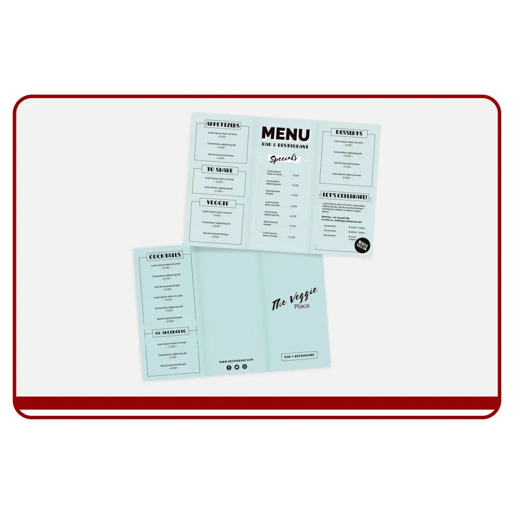 Folded menu with 'The Veggie Place' branding on a white background