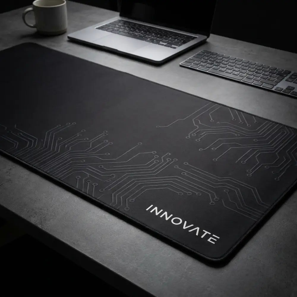 Black desk mat with circuit design and 'INNOVATE' branding on a desk with laptop and keyboard.