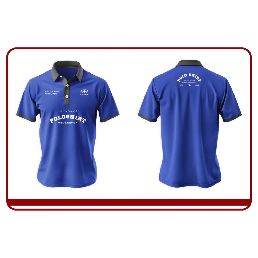 Blue polo shirt with black trim on a white background