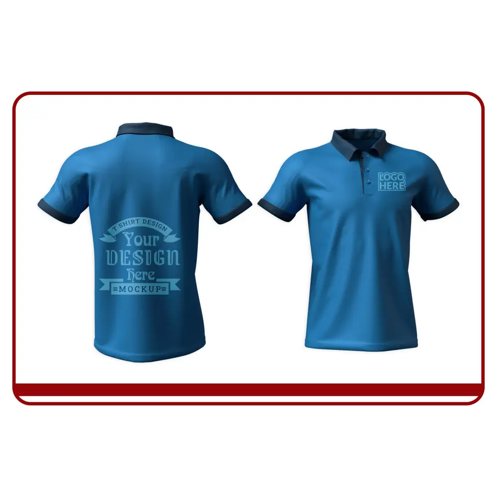 Blue polo shirt with customizable text on front and back