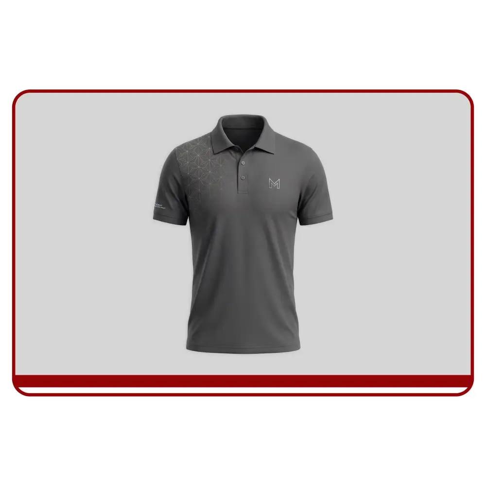 Gray polo shirt with a logo on a light gray background