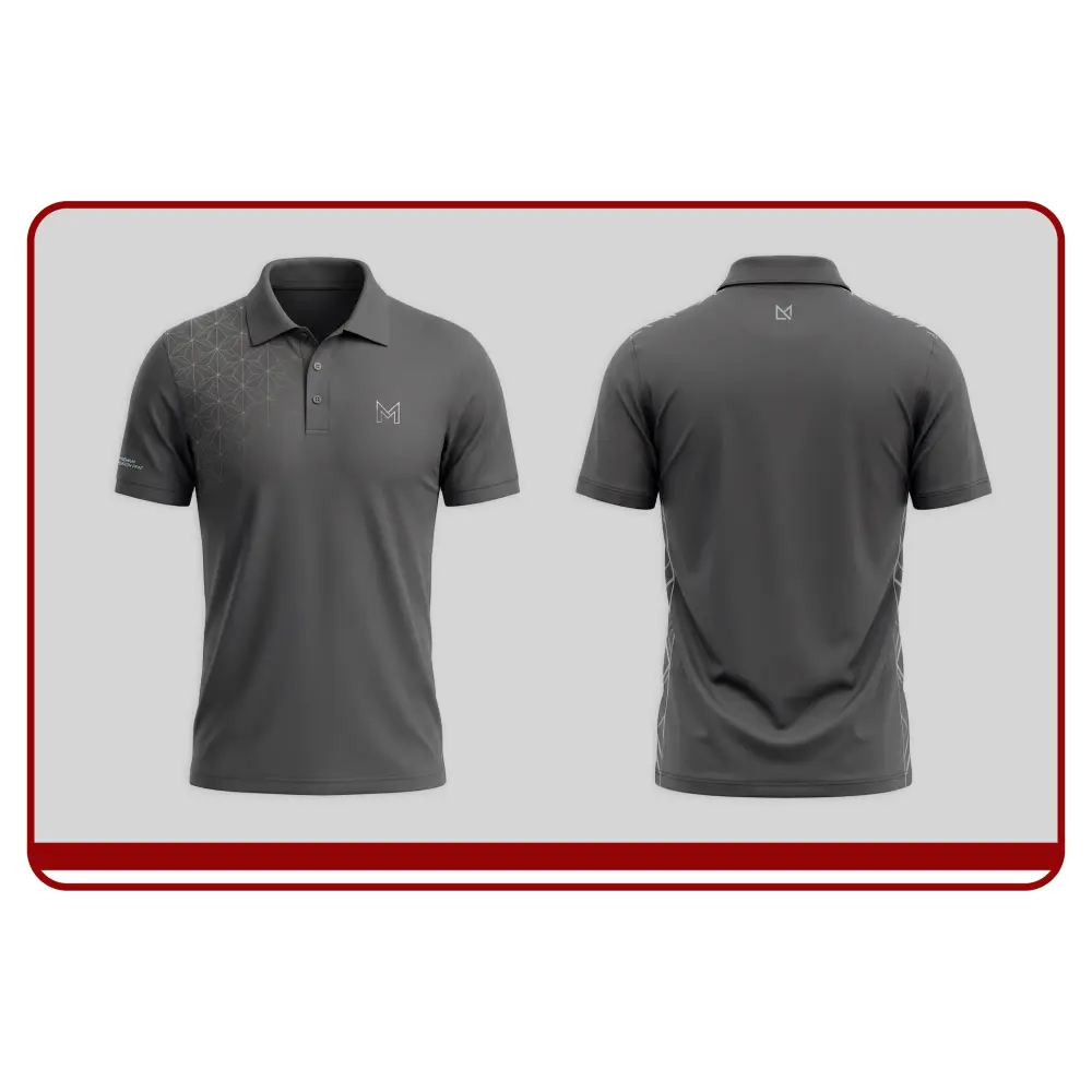 Gray polo shirt shown from front and back on a light gray background