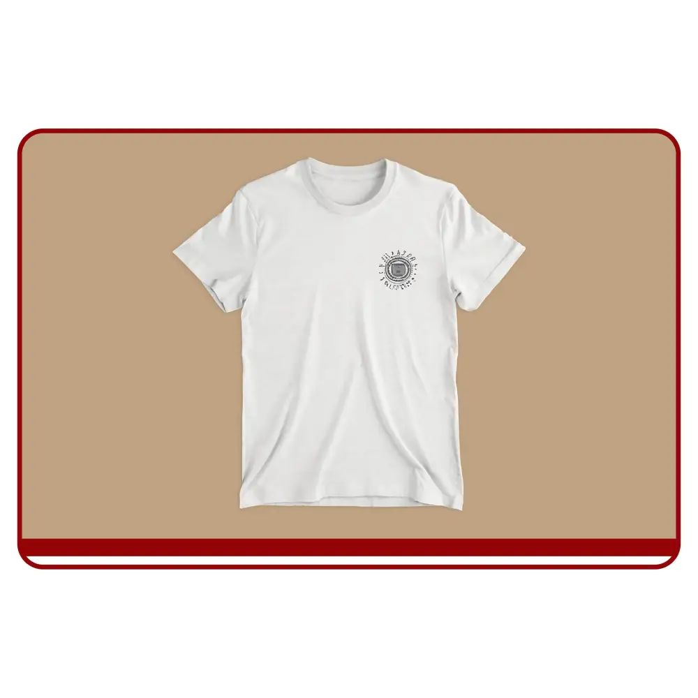 White t-shirt with a black logo on a beige background