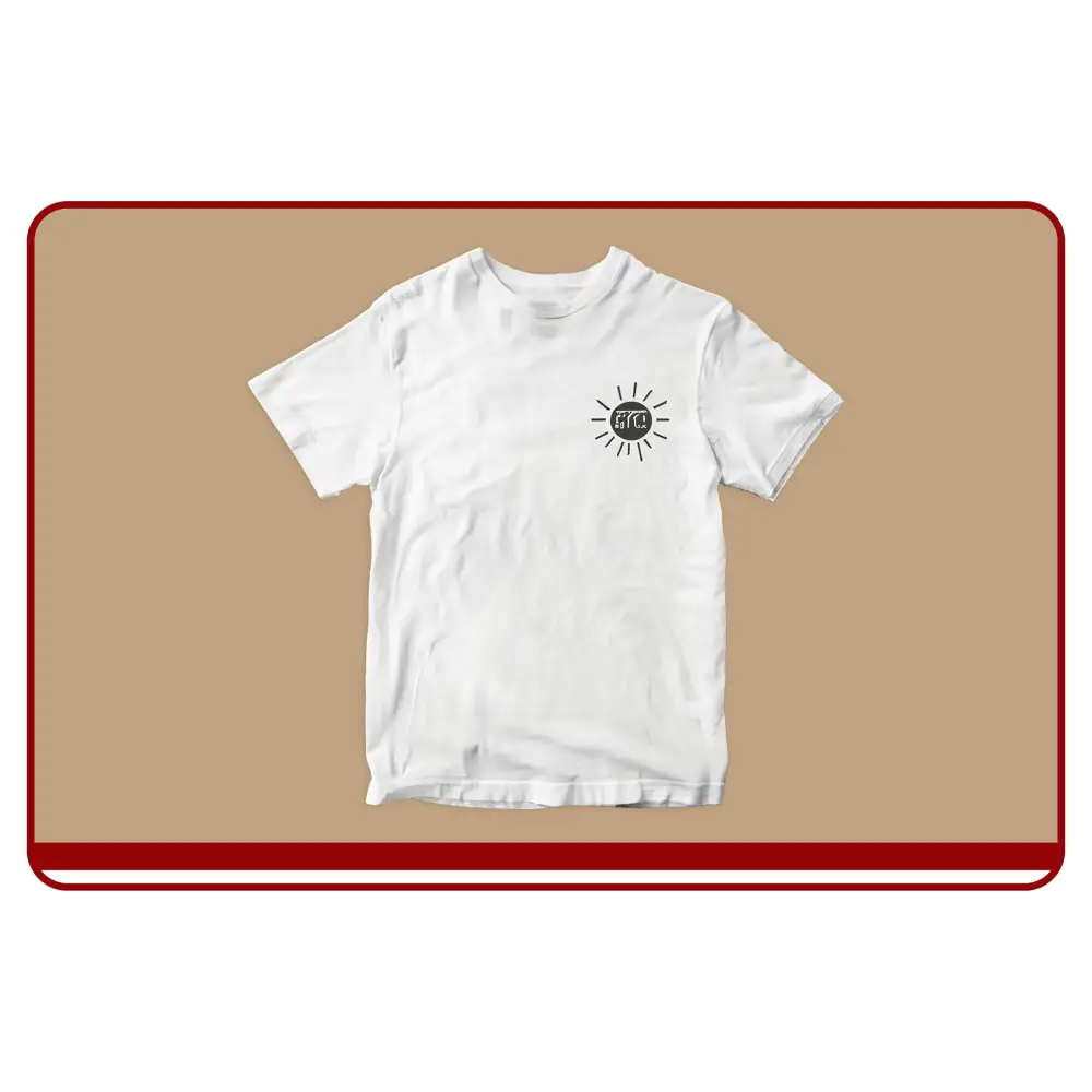 White t-shirt with a black logo on a beige background