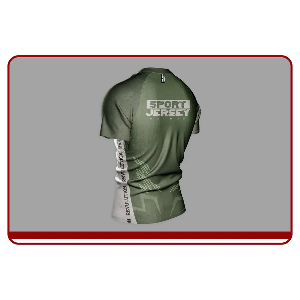 Green sports jersey with branding on a gray background