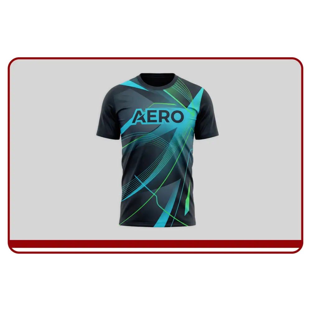Black t-shirt with blue and green design and 'AERO' branding on a light gray background