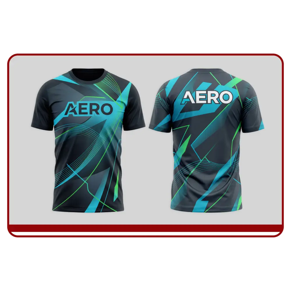 Black and blue sports jersey with 'Aero' branding on a gray background