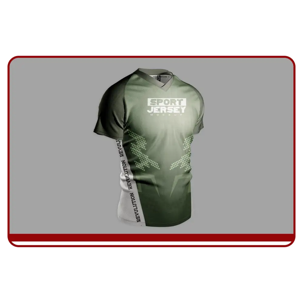Green sports jersey with text on a gray background