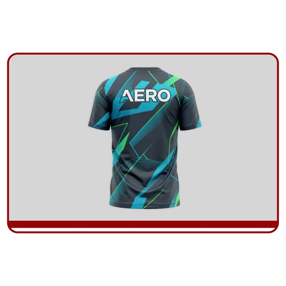 Black sports jersey with blue and green patterns and 'AERO' branding on a gray background