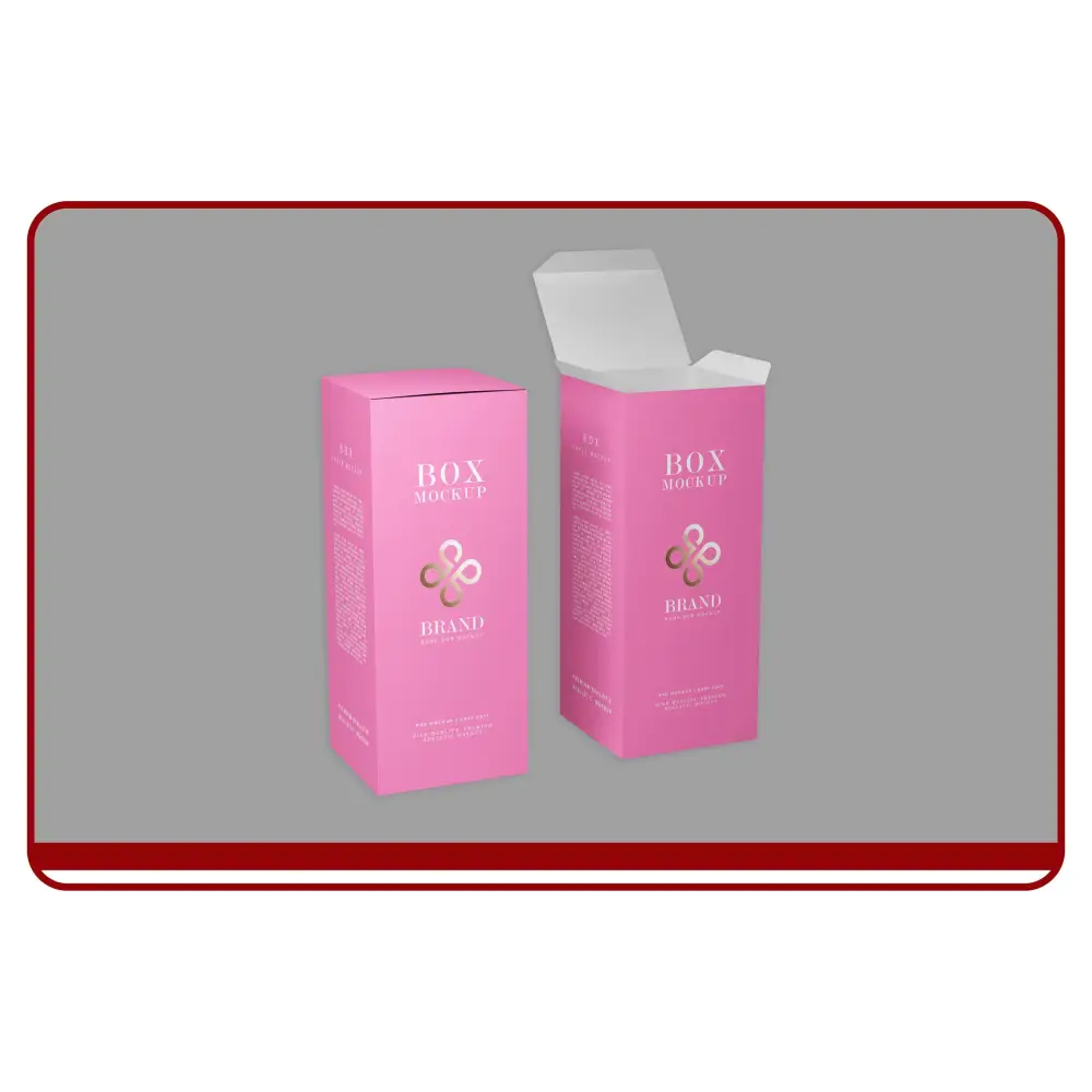 Pink box mockup with brand logo on a gray background