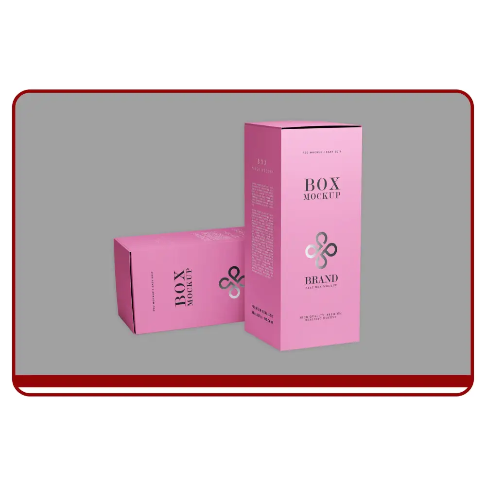 Pink box mockup with branding on a gray background