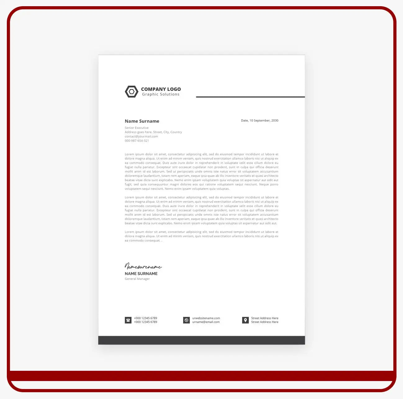 Professional white letterhead with a minimalist black hexagonal logo and clean, modern typography.