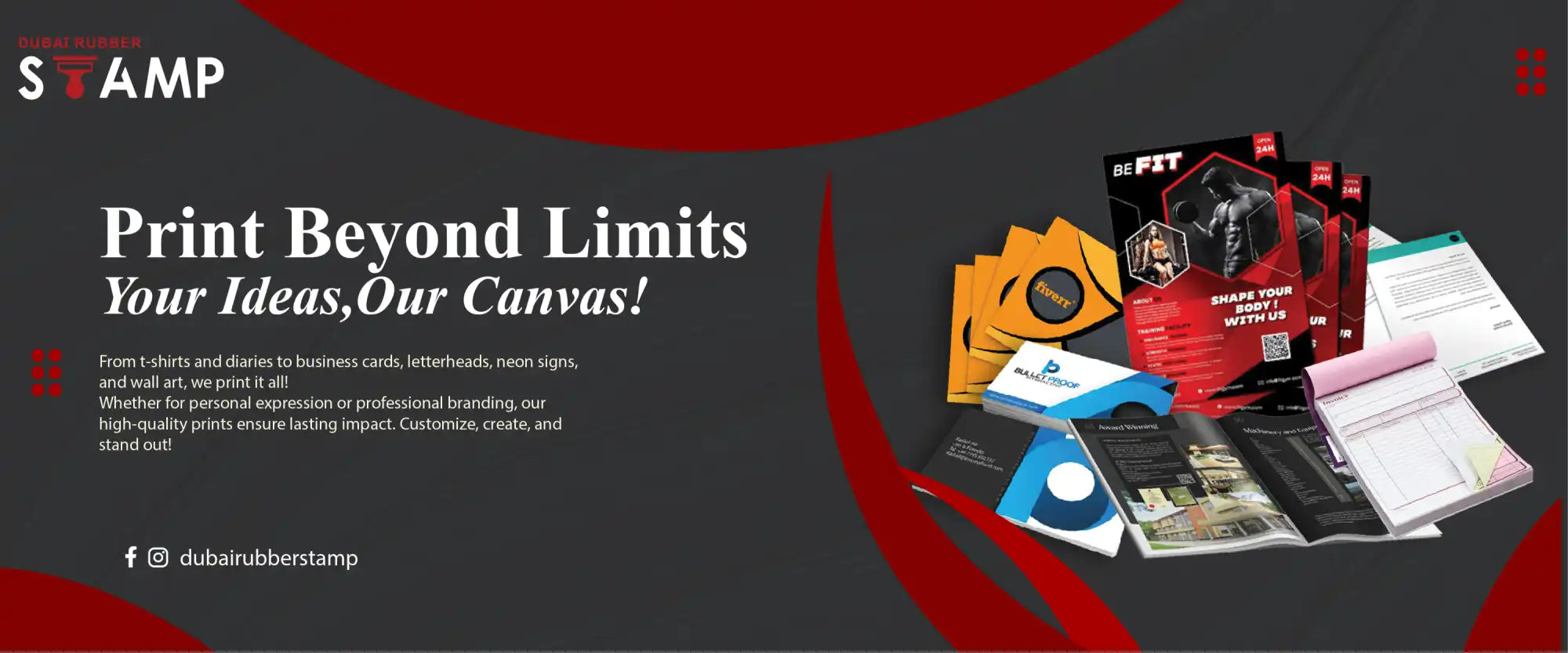 A promotional banner for a printing service, showcasing various printed materials like business cards, flyers, and notepads.