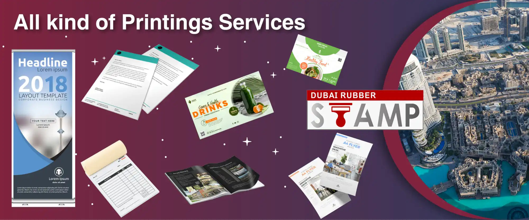 Promotional banner for printing services showing various printed materials like business cards, letterheads, and stamps.