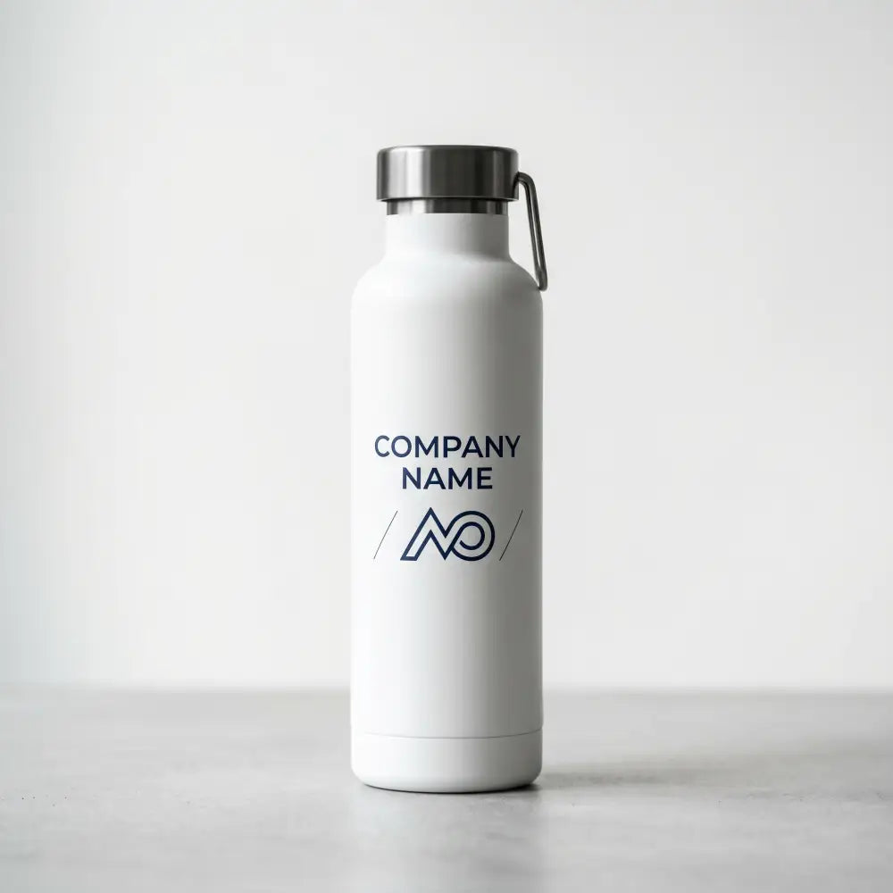 White water bottle with a logo and text on a light gray background
