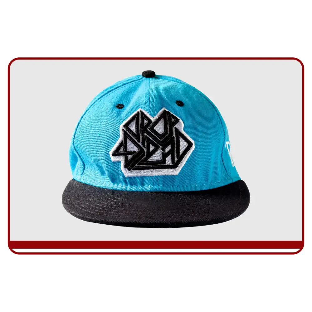 Blue and black cap with a logo on a white background