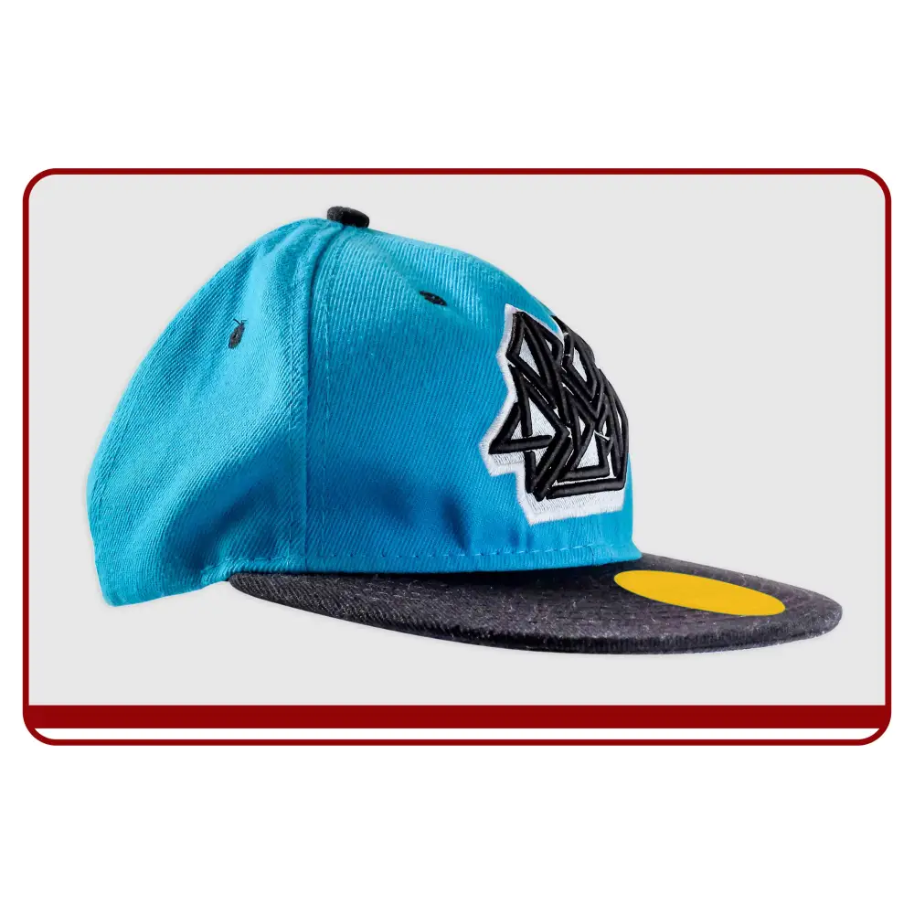 Blue and black cap with a yellow patch on a white background