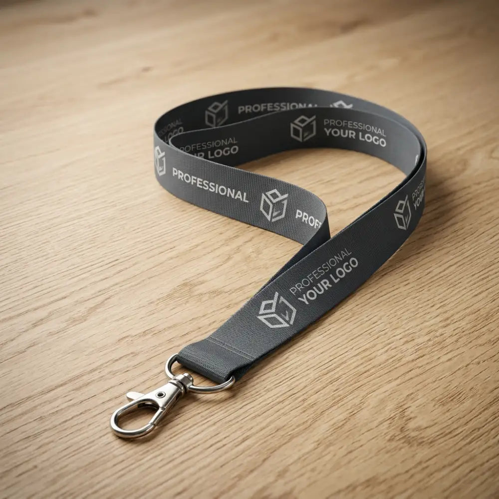 Gray lanyard with customizable text on a wooden surface