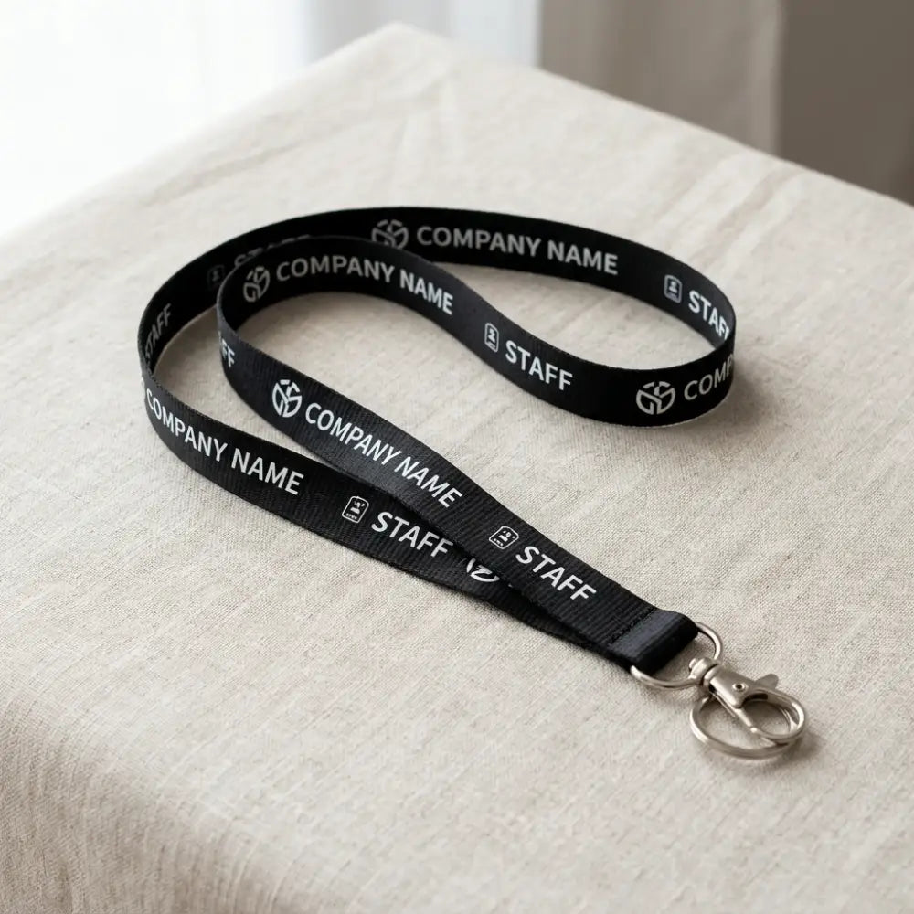 Black lanyard with 'Company Name' and 'Staff' text on a beige surface
