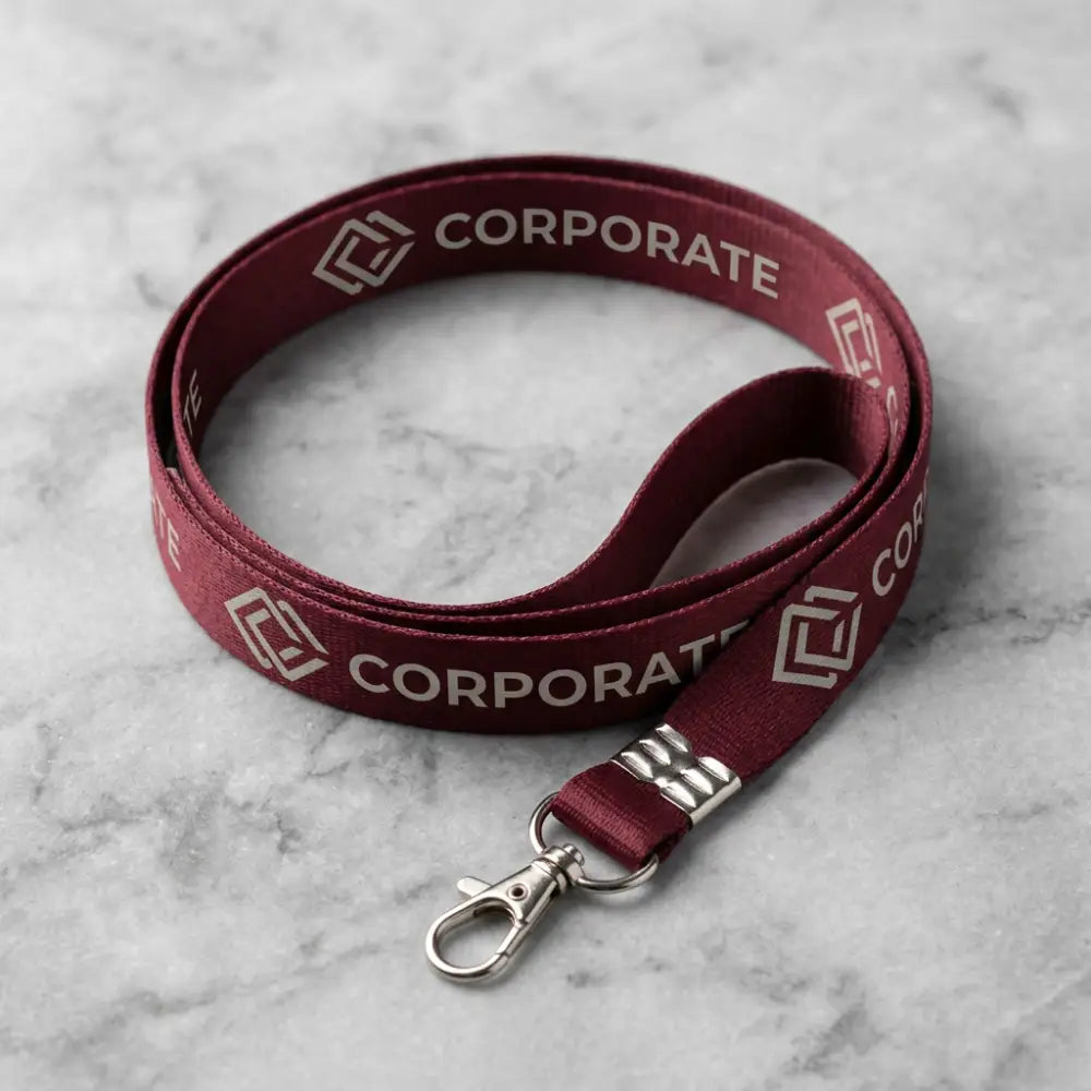Maroon lanyard with 'CORPORATE' text and logo on a gray marble background