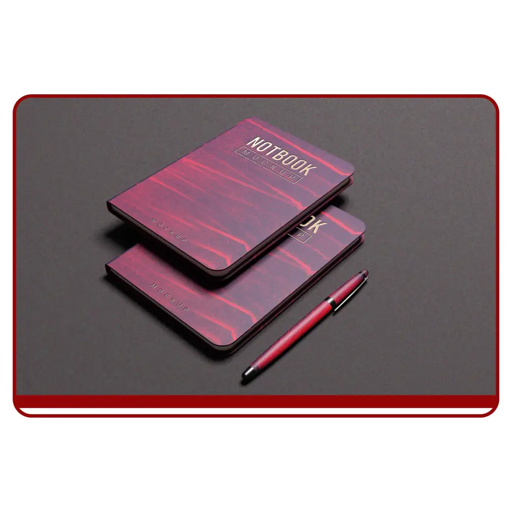 Set of red notebooks and a pen on a dark gray background