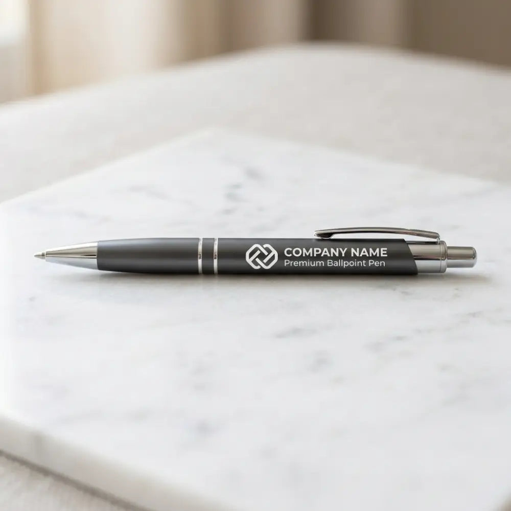 Black ballpoint pen with branding on a marble surface