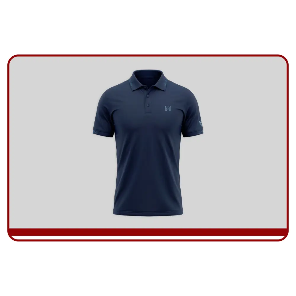 Navy blue polo shirt with a logo on a light gray background