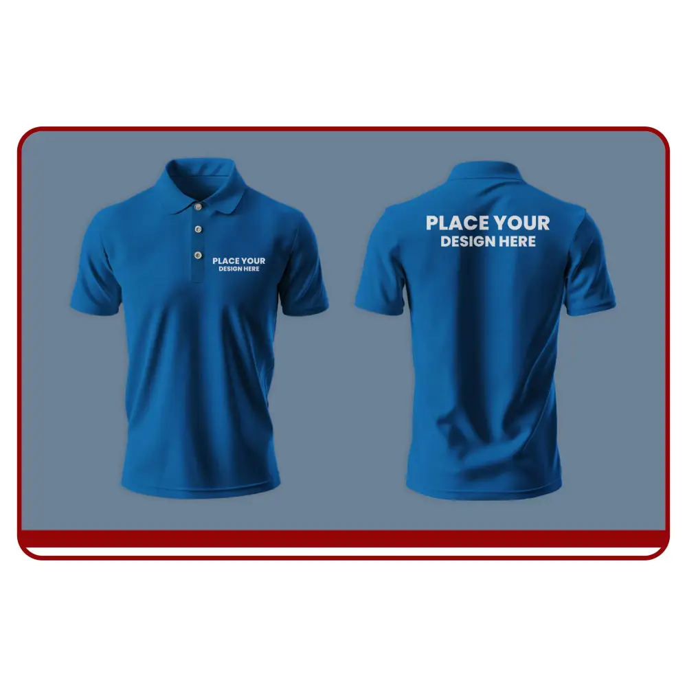 Blue polo shirt with text 'PLACE YOUR DESIGN HERE' on front and back against a gray background