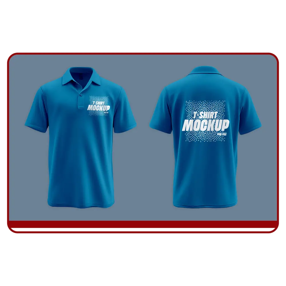 Blue polo shirt with 'T-shirt Mockup' text on front and back against a gray background