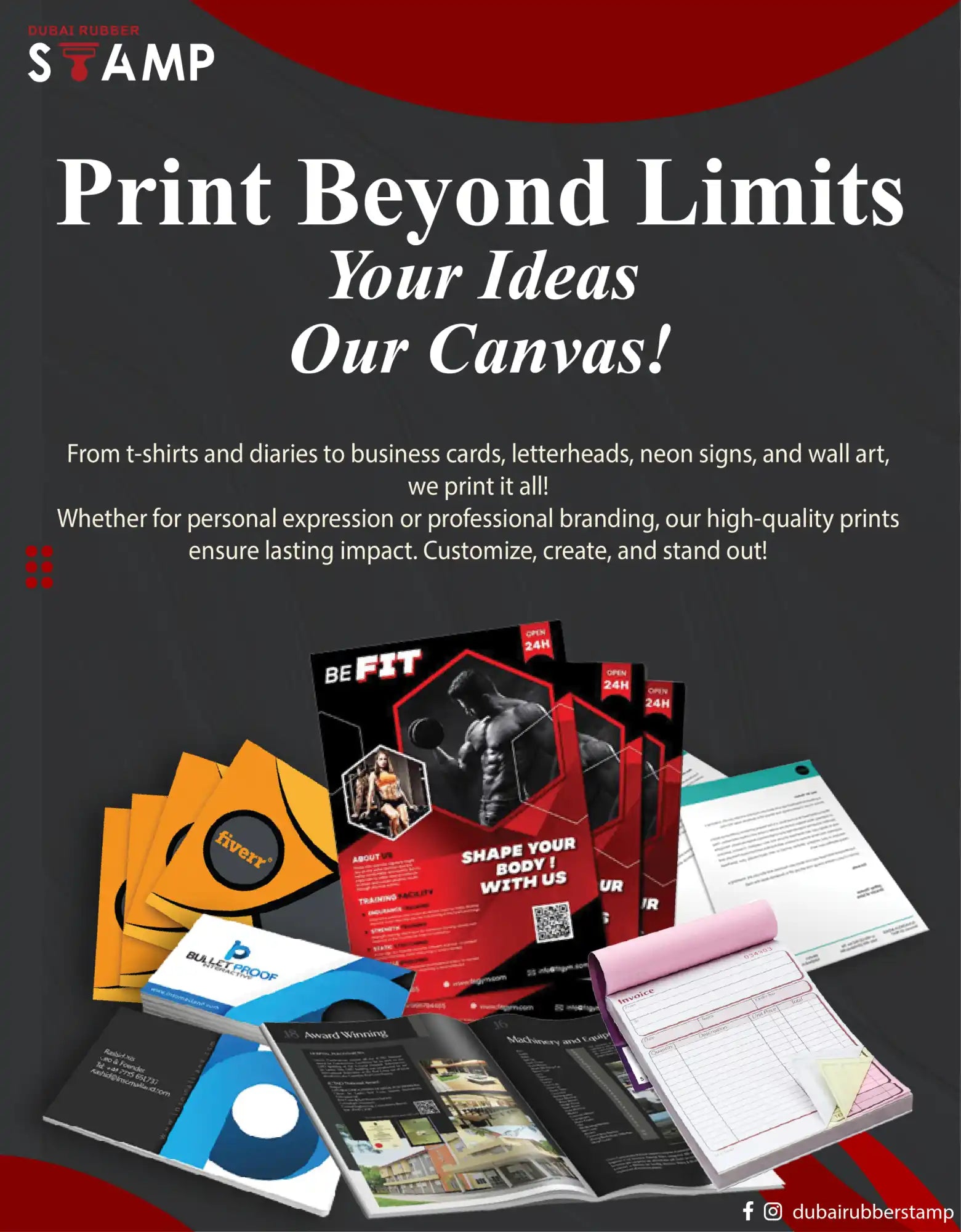 A promotional poster for a printing service offering a wide range of custom printed materials.