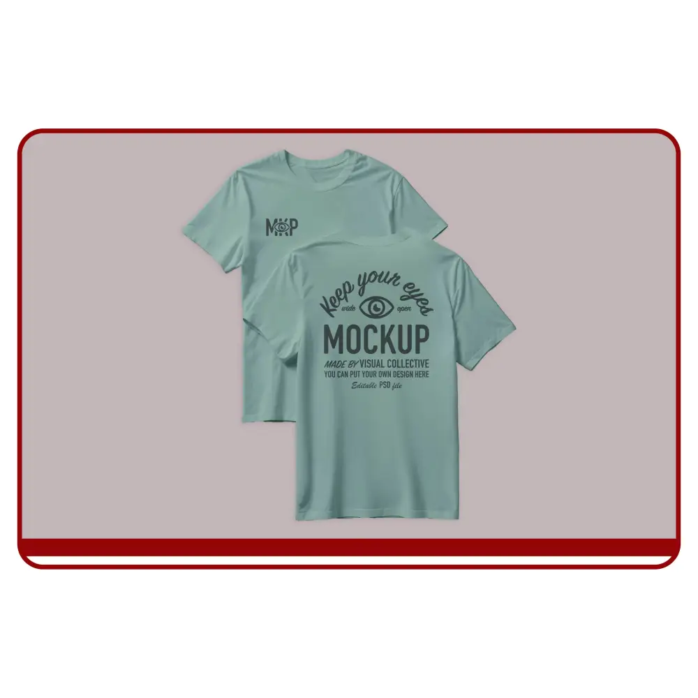 Two teal t-shirts with text on a light gray background