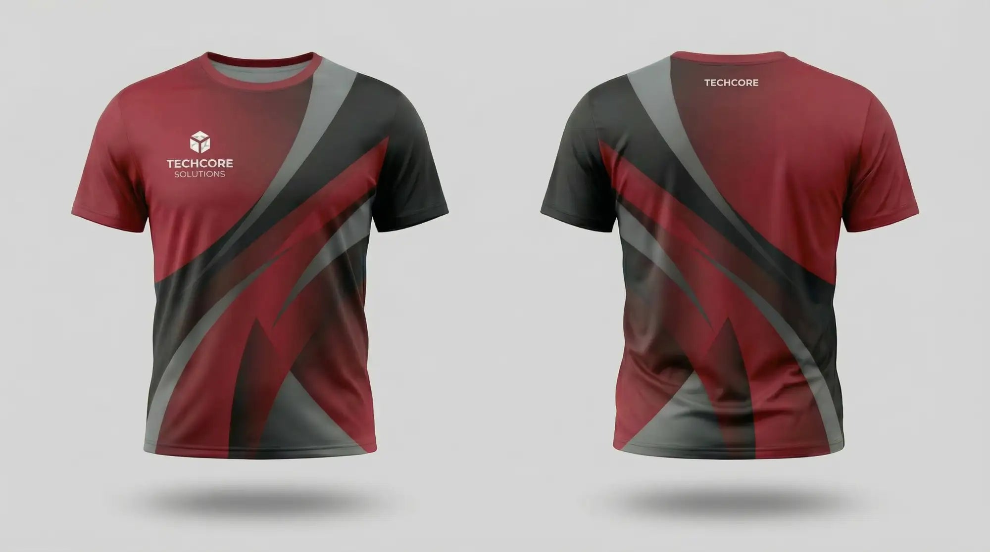 Red and black athletic t-shirt with gray diagonal stripes, featuring a ’techcore solutions’ logo on the chest.