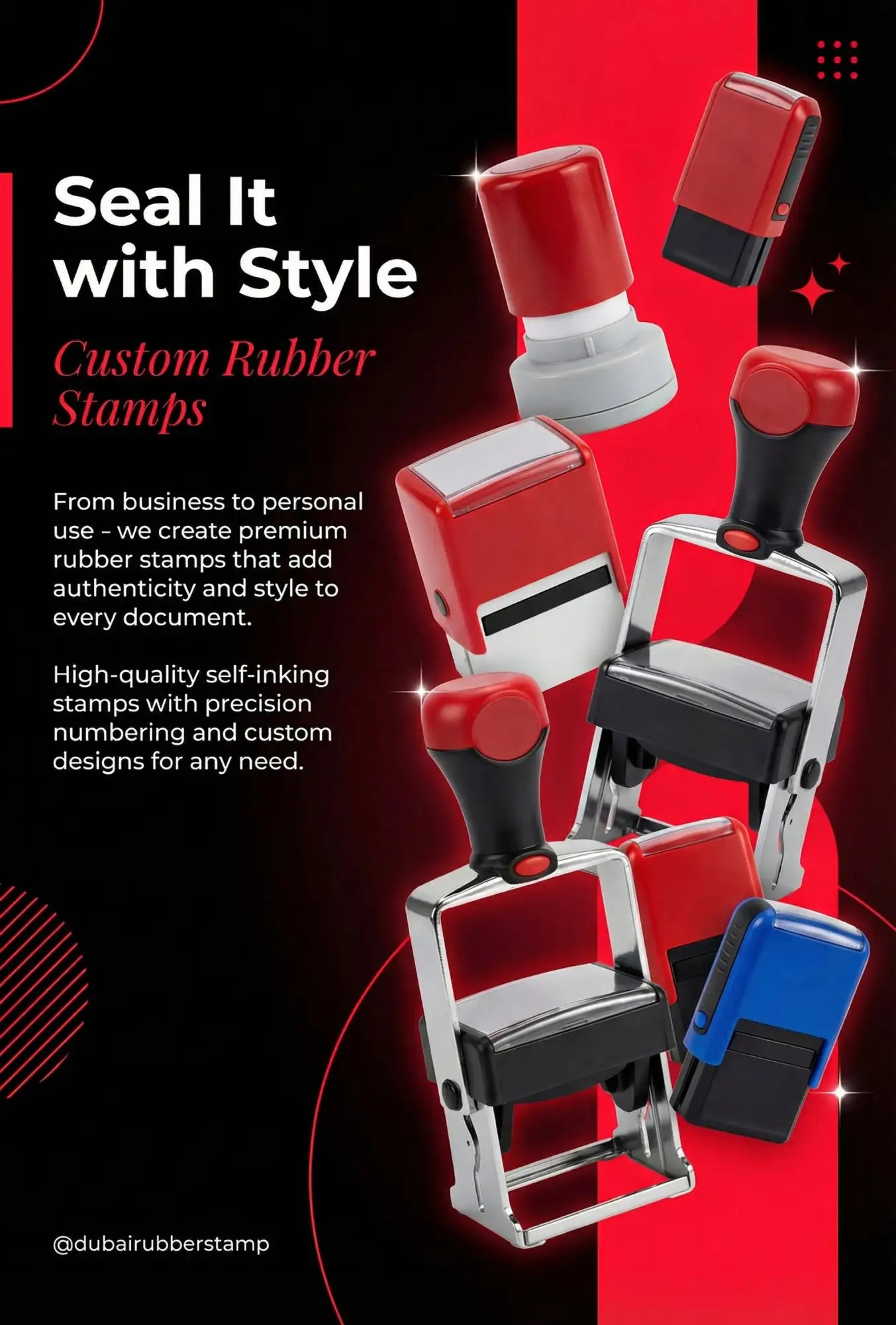 Red and black self-inking rubber stamps with chrome metal frames.